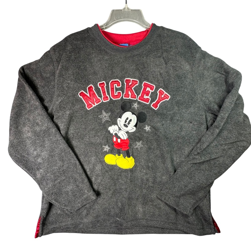 Disney Mickey Mouse Fleece Embroidered Sweatshirt Graphic Grey Red XL Kidcore